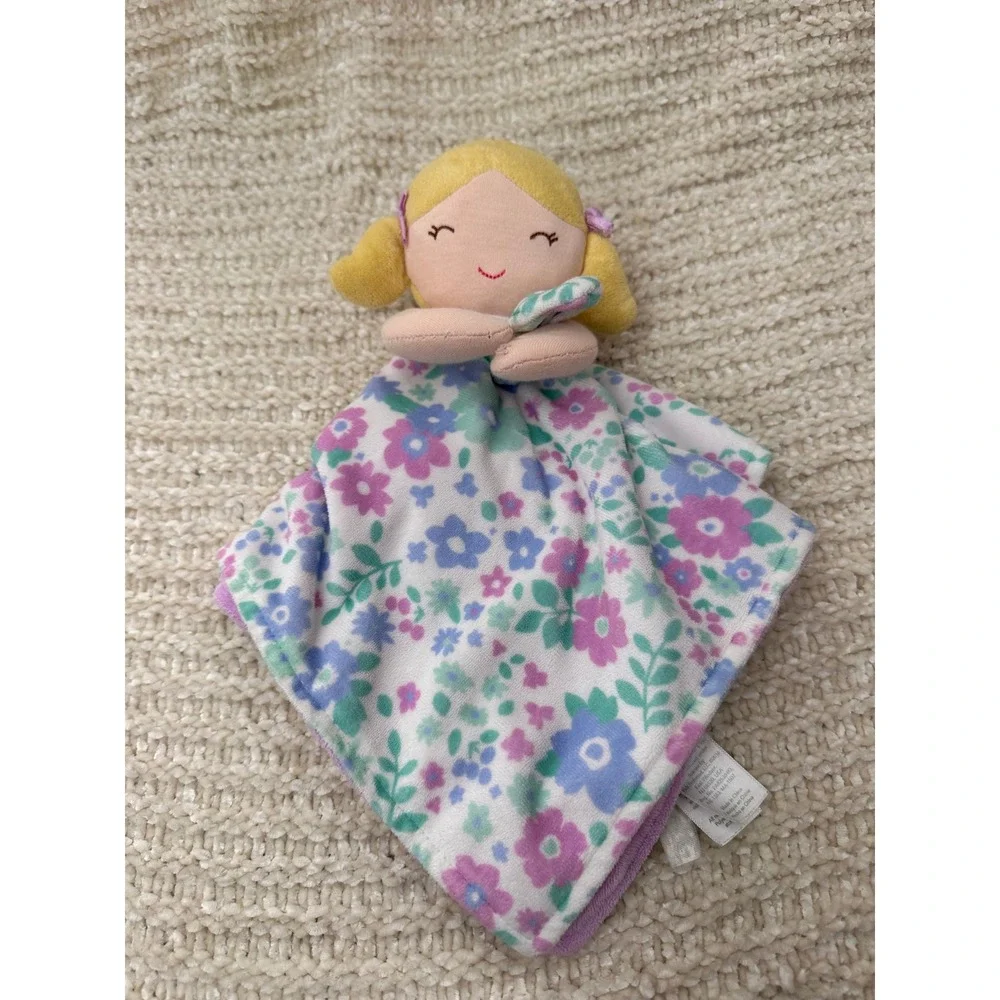 Carters Plush Lovey Blonde Doll Security Blanket Floral Purple Pink Kids 14in‎